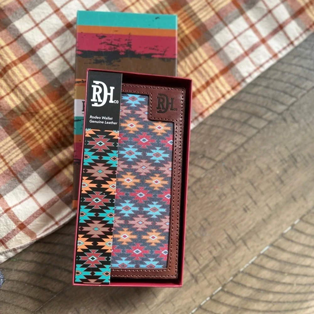 New Red Dirt Western Wallet Mens Rodeo Leather Southwestern Canvas Inlay Aztec